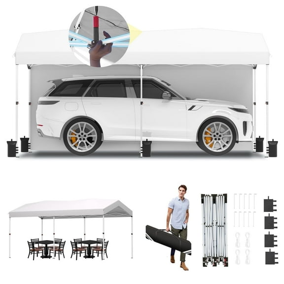 Hoteel Carport Canopy 10x20 Pop Up Shelter with Instant 1-Button Push Center Lock, UV Resistant All-Weather Cover with 2 Sidewalls, Heavy Duty Waterproof Canopy Tent for Cars, Trucks, Boats, White
