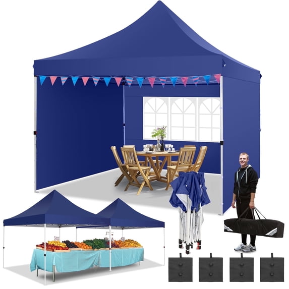 Hoteel Pop Up Canopy Tent, 10 x 10 ft, 210 D PU Silver Coated Tarp, with Portable Roller Bag and 4 Sandbags, Waterproof and Sun Shelter Gazebo, Dark Blue