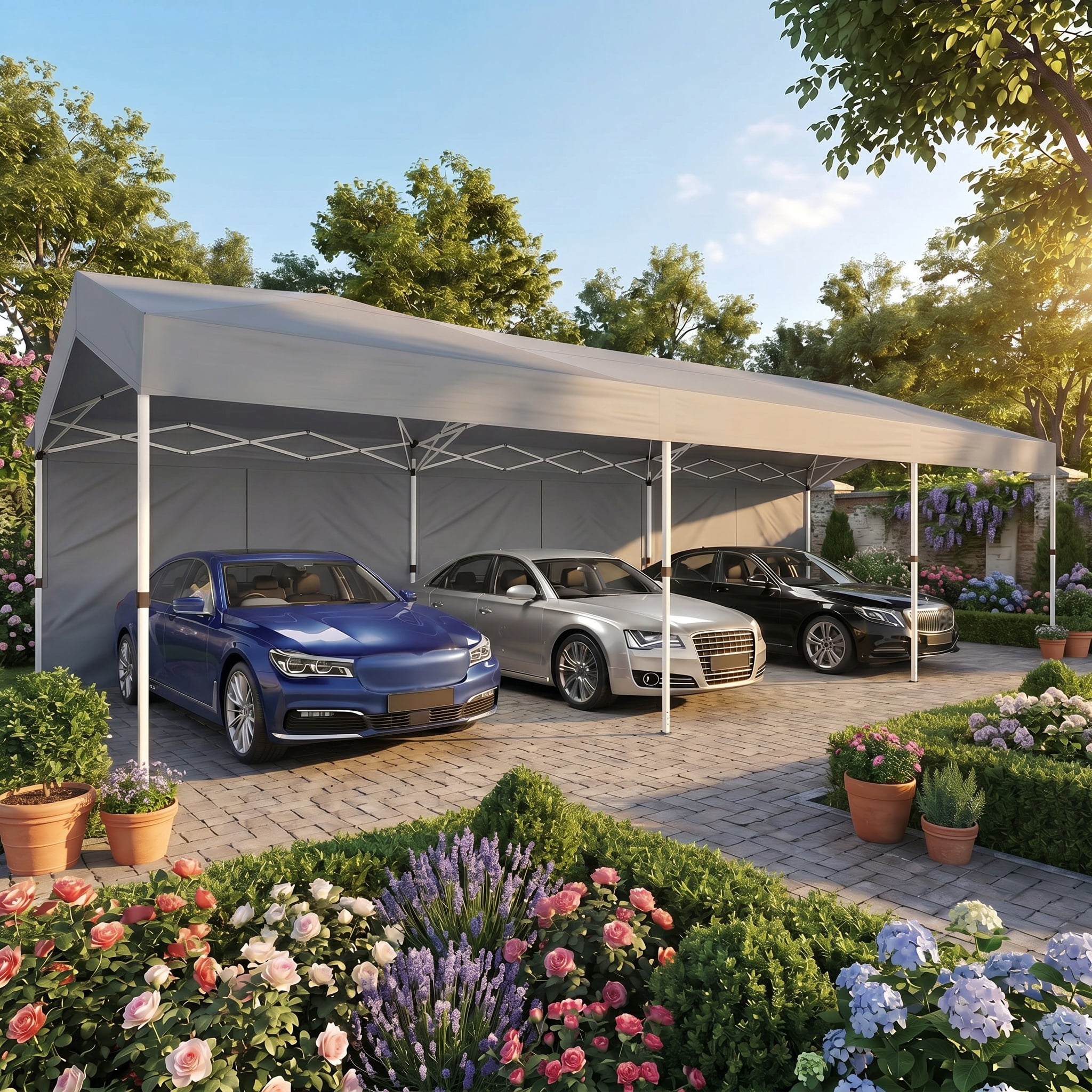 Hoteel Pop-Up Canopy 10x30 Instant Carport Tent with 3 Removable Sidewalls, Heavy-Duty Waterproof 2000mm+&UPF 50+ for Weddings, Parties, Markets with 4 Ropes & 4 Sandbags, Gray