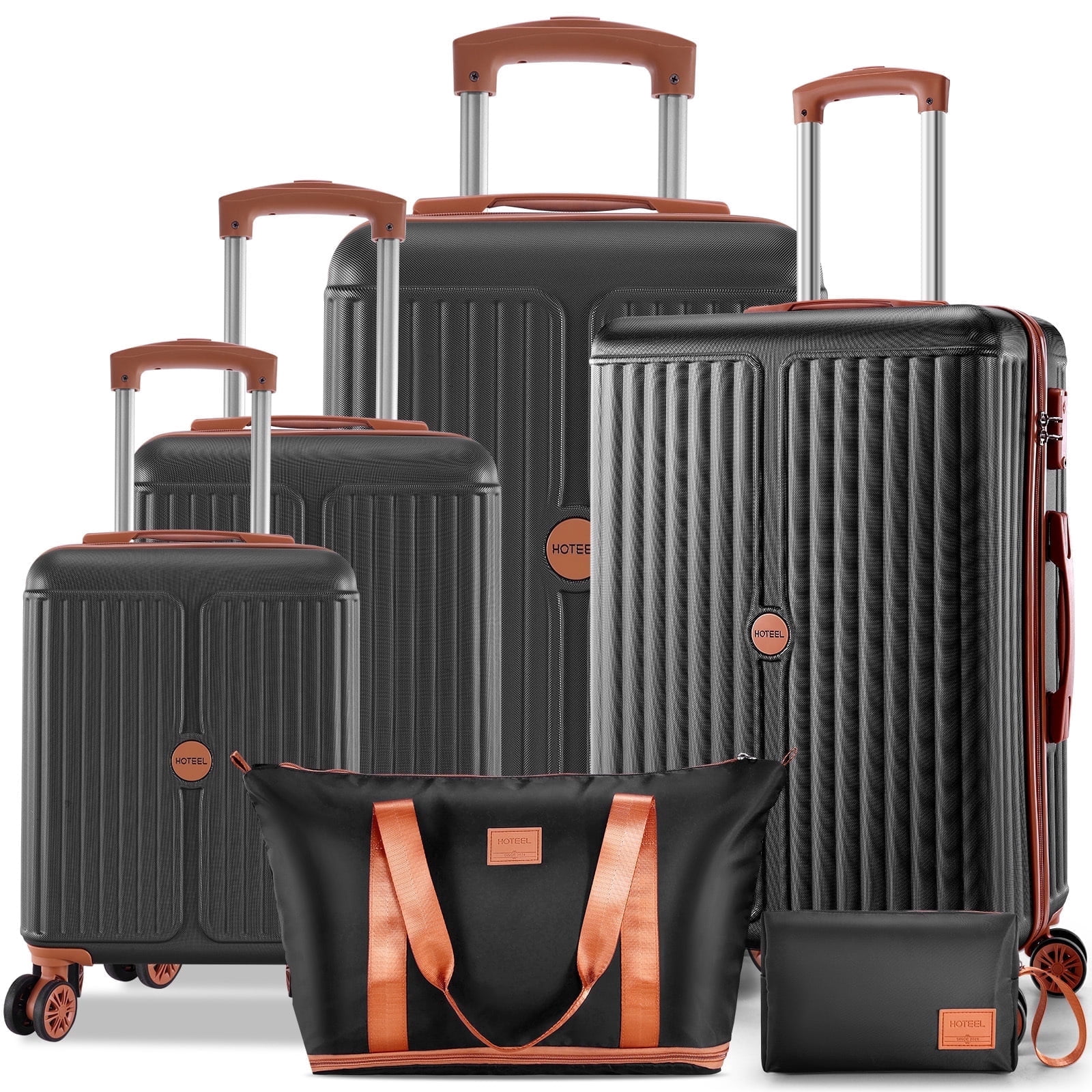 HOTEEL Hardside Luggage Sets 6 Piece, PC ABS Hardshell Suitcase with TSA Lock Spinner Wheel and Toiletry Bag+Travel Duffle Bag 16in20in24in28in(Black)