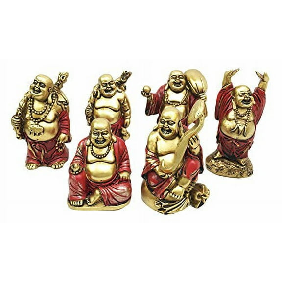 Hotei Fat Buddha Maitreya Laughing Budai Prosperity Wealth Happiness and Luck Miniature Figurine Set of 6 Enlightened One Talisman Sculpture Collectible Pieces Eastern Enlightenment
