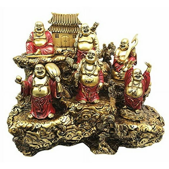 Hotei Fat Buddha Maitreya Laughing Budai Prosperity Wealth Happiness and Luck Miniature Figurine Set of 6 With Buddhist Zen Monastery Temple On Mountain Display Sculpture Eastern Enlightenment