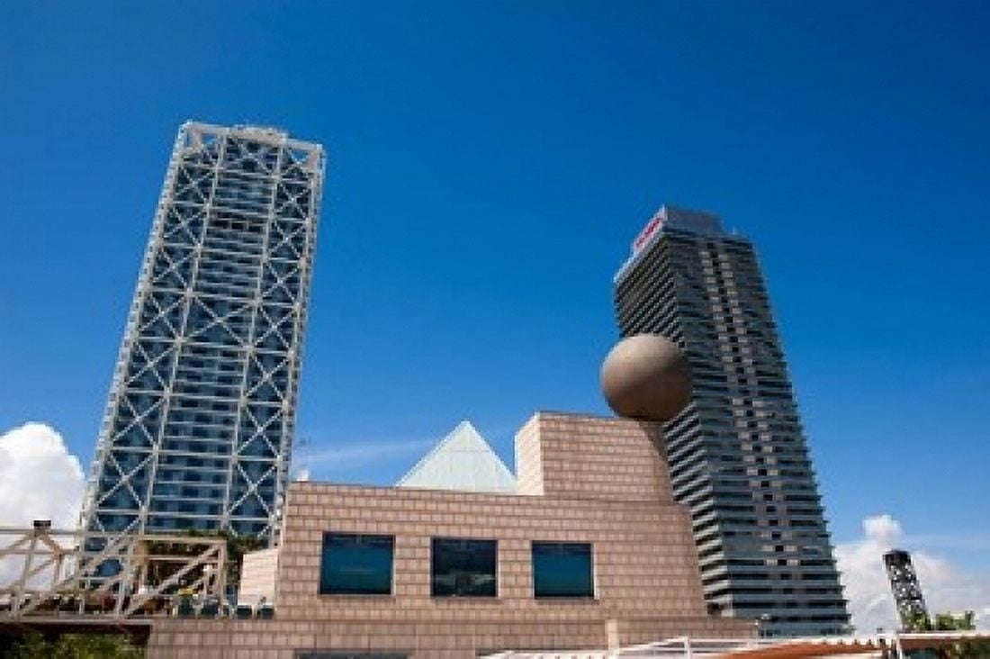 Hotel Arts and Mapfre Tower Olympic Harbor Barcelona Spain Canvas Art - Sergio Pitamitz DanitaDelimont (24 x 15)