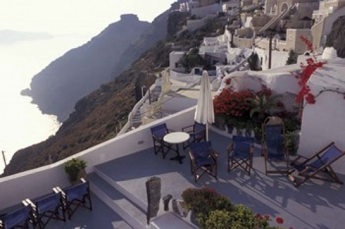 Hotel Between Fira and Imerovigli Greece Canvas Art - Connie Ricca DanitaDelimont (35 x 24)