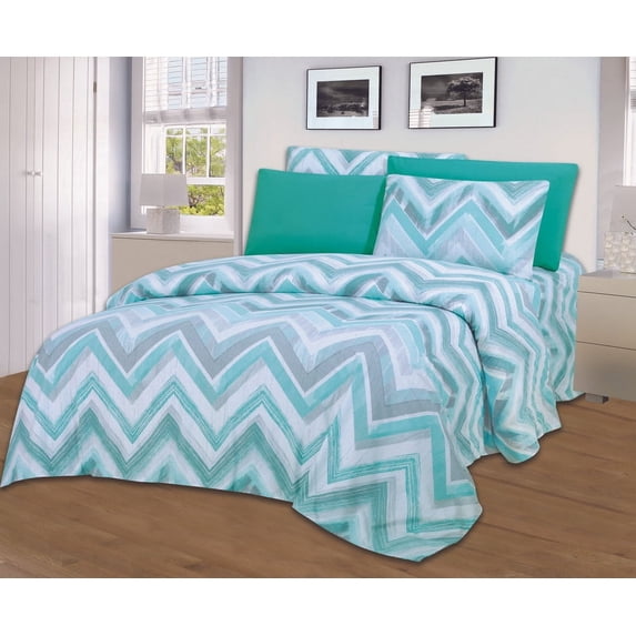 Hotel Club 1800 Super Soft 4-Piece Print Sheet Set (Twin, Aqua Chevron)