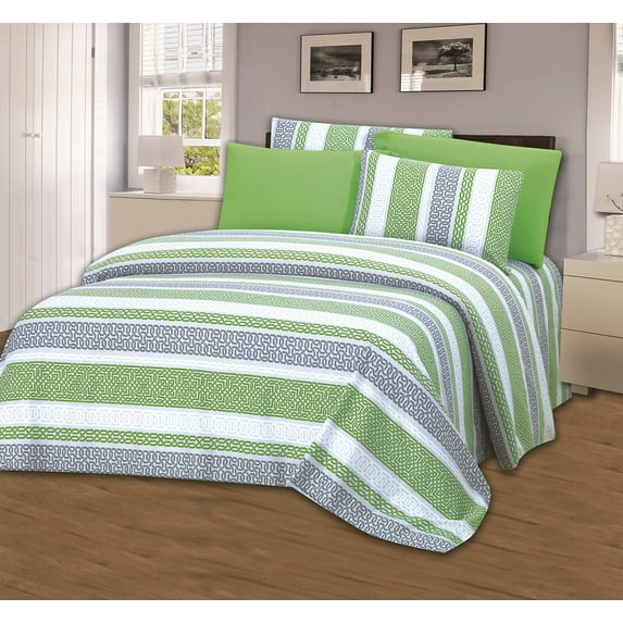 Hotel Club 1800 Super Soft 6-Piece Print Sheet Set (King, Green Stripe)