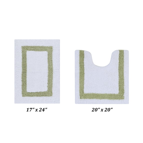 Better Trends 2 Piece Bathroom Rugs Set 100% Cotton Soft Water Absorbent Reversible Machine Washable for Bathroom Floor Decor Toilet Base Contour Mat (17”x24”|20”x20”) Hotel Collection - White/Sage