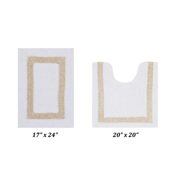 Better Trends 2 Piece Bathroom Rugs Set 100% Cotton Soft Water Absorbent Reversible Machine Washable for Bathroom Floor Decor Toilet Base Contour Mat (17”x24”|20”x20”) Hotel Collection - White/Sand