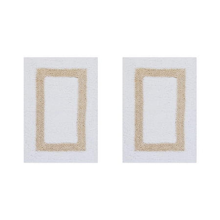 Better Trends 2 Piece Bathroom Rugs Set 100% Cotton Water Absorbent & Reversible Extra Soft Tufted Bath Rug, Machine Washable for Bathroom Floor Decor, 17" x 24" Hotel Collection - White/Sand