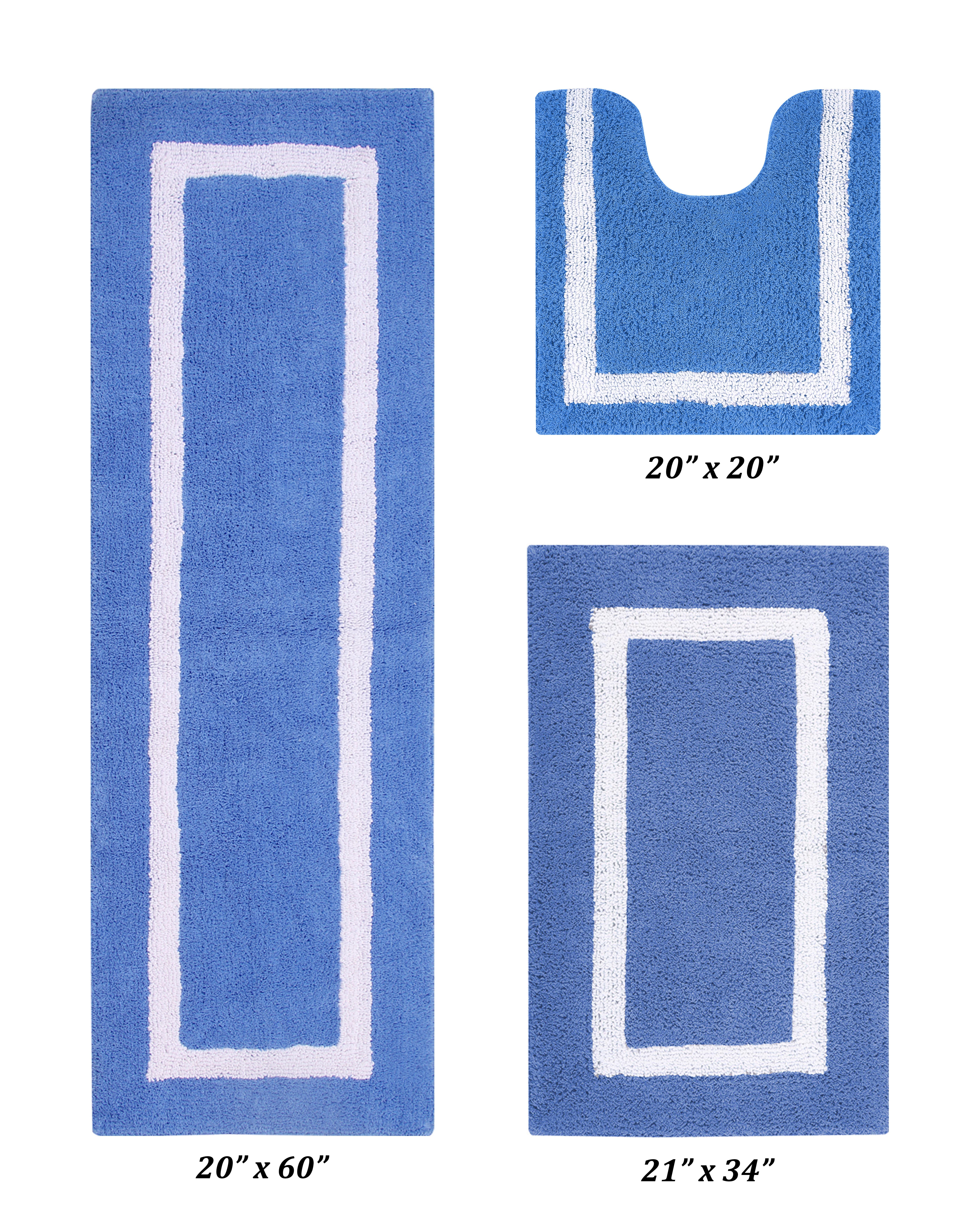 Better Trends 3 Piece Bathroom Rugs Set 100% Cotton Soft Bath Mat Water Absorbent, Reversible, Machine Washable, Bathroom Decor Toilet Base Contour Mat, Hotel Multi Collection - Dark Blue/White