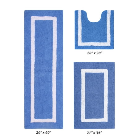 Better Trends 3 Piece Bathroom Rugs Set 100% Cotton Soft Bath Mat Water Absorbent, Reversible, Machine Washable, Bathroom Decor Toilet Base Contour Mat, Hotel Multi Collection - Dark Blue/White