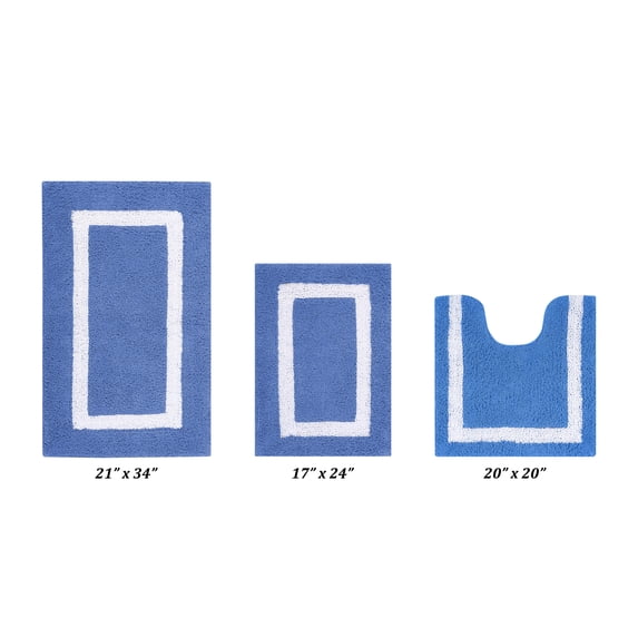 Better Trends 3 Piece Bathroom Rugs Set 100% Cotton Soft Bath Mat Water Absorbent, Reversible, Machine Washable Bathroom Decor Toilet Base Contour Mat, Hotel Multi Collection - Dark Blue/White