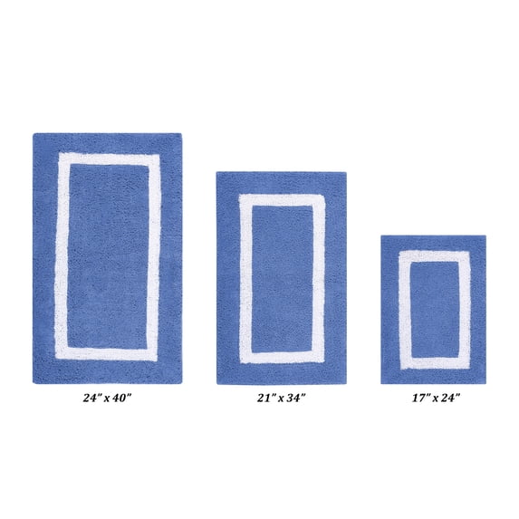 Better Trends 3 Piece Bathroom Rugs Set 100% Cotton Soft Bath Mat Water Absorbent, Reversible, Machine Washable, Bathroom Decor Toilet Base Contour Mat, Hotel Multi Collection - Dark Blue/White