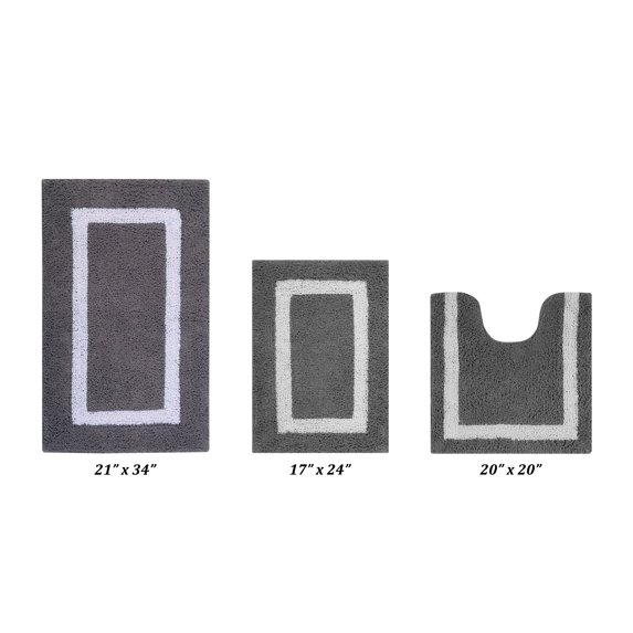 Better Trends 3 Piece Bathroom Rugs Set 100% Cotton Soft Bath Mat Water Absorbent, Reversible, Machine Washable for Home, Bathroom Decor Toilet Base Contour Mat, Hotel Multi Collection - Gray/White