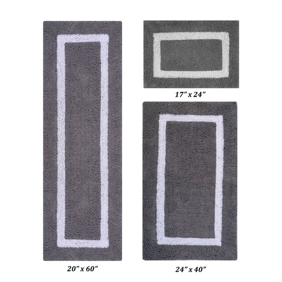 Better Trends 3 Piece Bathroom Rugs Set 100% Cotton Soft Bath Mat Water Absorbent, Reversible, Machine Washable for Home, Bathroom Decor Toilet Base Contour Mat, Hotel Multi Collection - Gray/White