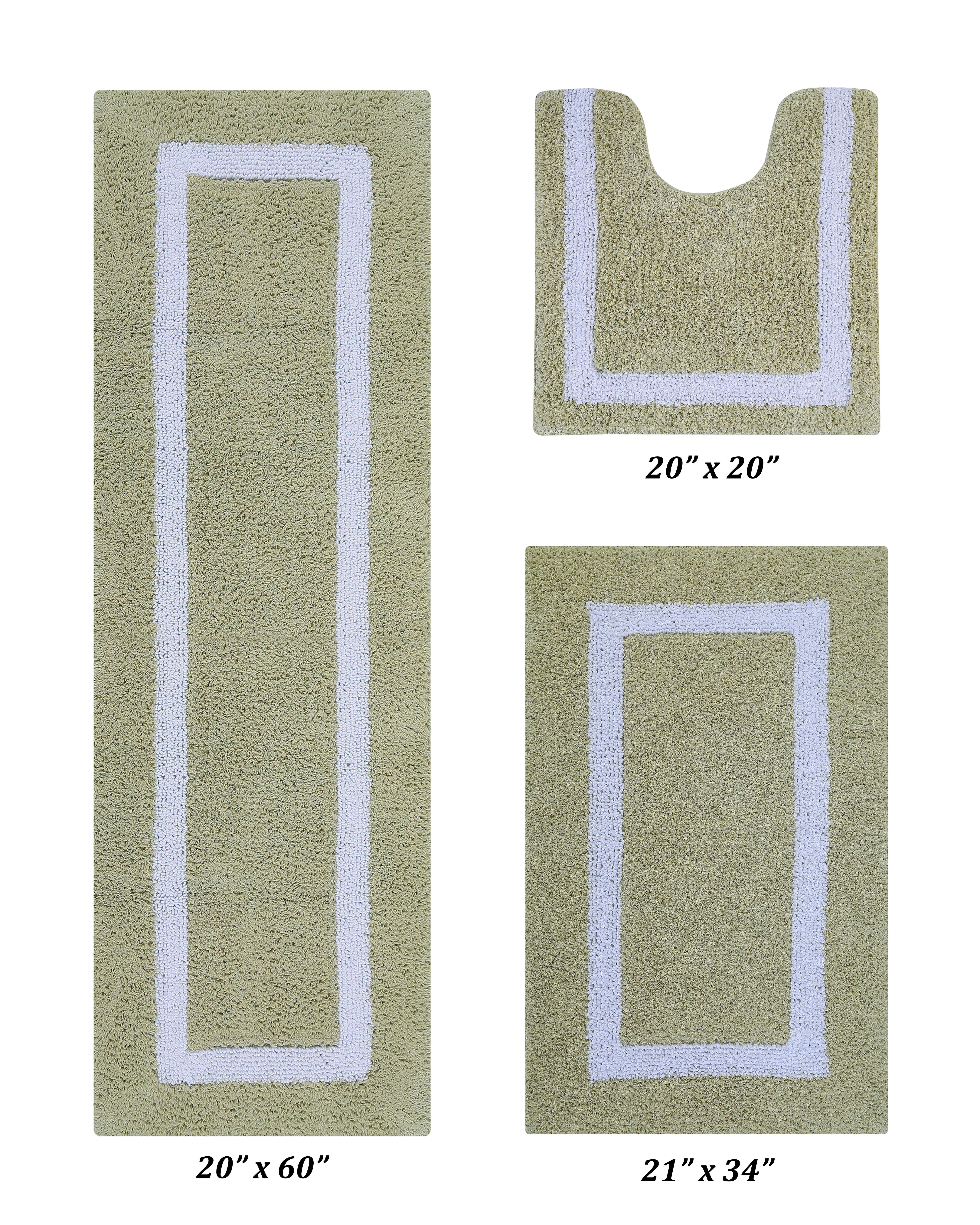 Better Trends 3 Piece Bathroom Rugs Set 100% Cotton Soft Bath Mat Water Absorbent, Reversible, Machine Washable for Home, Bathroom Decor Toilet Base Contour Mat, Hotel Multi Collection - Sage/White