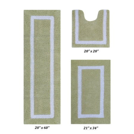 Better Trends 3 Piece Bathroom Rugs Set 100% Cotton Soft Bath Mat Water Absorbent, Reversible, Machine Washable for Home, Bathroom Decor Toilet Base Contour Mat, Hotel Multi Collection - Sage/White