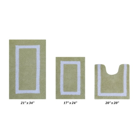 Better Trends 3 Piece Bathroom Rugs Set 100% Cotton Soft Bath Mat Water Absorbent, Reversible, Machine Washable for Home, Bathroom Decor Toilet Base Contour Mat, Hotel Multi Collection - Sage/White