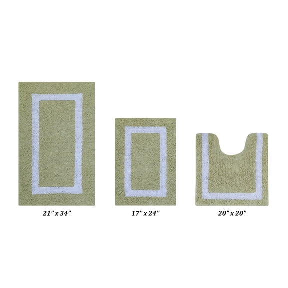 Better Trends 3 Piece Bathroom Rugs Set 100% Cotton Soft Bath Mat Water Absorbent, Reversible, Machine Washable for Home, Bathroom Decor Toilet Base Contour Mat, Hotel Multi Collection - Sage/White