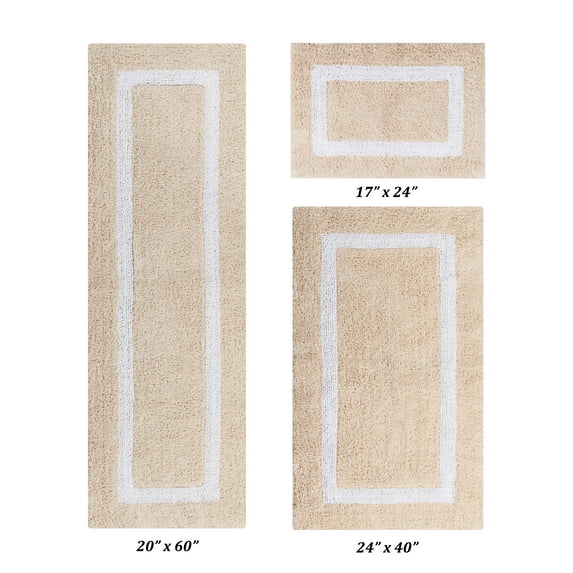 Better Trends 3 Piece Bathroom Rugs Set 100% Cotton Soft Bath Mat Water Absorbent, Reversible, Machine Washable for Home, Bathroom Decor Toilet Base Contour Mat, Hotel Multi Collection - Sand/White