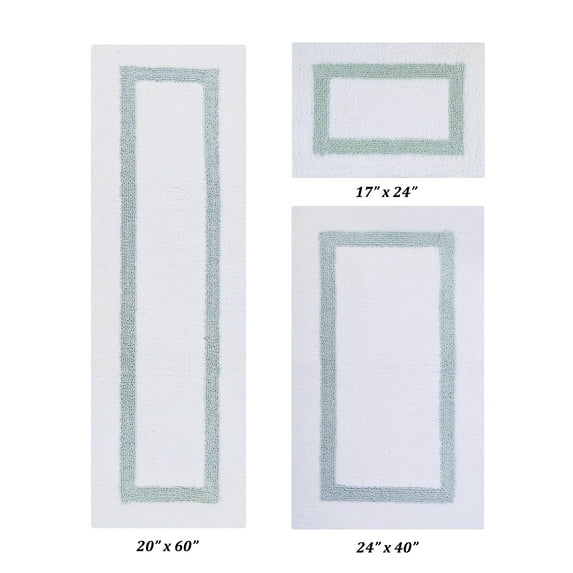 Better Trends 3 Piece Bath Rug Set 100% Cotton Tufted Bathroom Rug Water Absorbent, Reversible Machine Washable Runner Mat for Bathroom Floor Decor, Bathtub,Laundry Room Hotel Collection - White/Blue