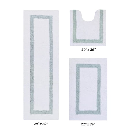 Better Trends 3 Piece Bathroom Mat Set 100% Cotton Bath Rug Soft, Water Absorbent, Reversible, Machine Washable for Bathroom Decor Toilet Base Contour And Runner Mat Hotel Collection - White/Blue