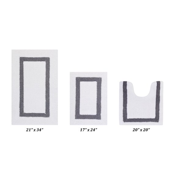 Better Trends 3 Piece Bathroom Rugs Set 100% Cotton Soft Bath Mat Water Absorbent, Reversible, Machine Washable for Home, Bathroom Decor Toilet Base Contour Mat, Hotel Collection - White/Gray