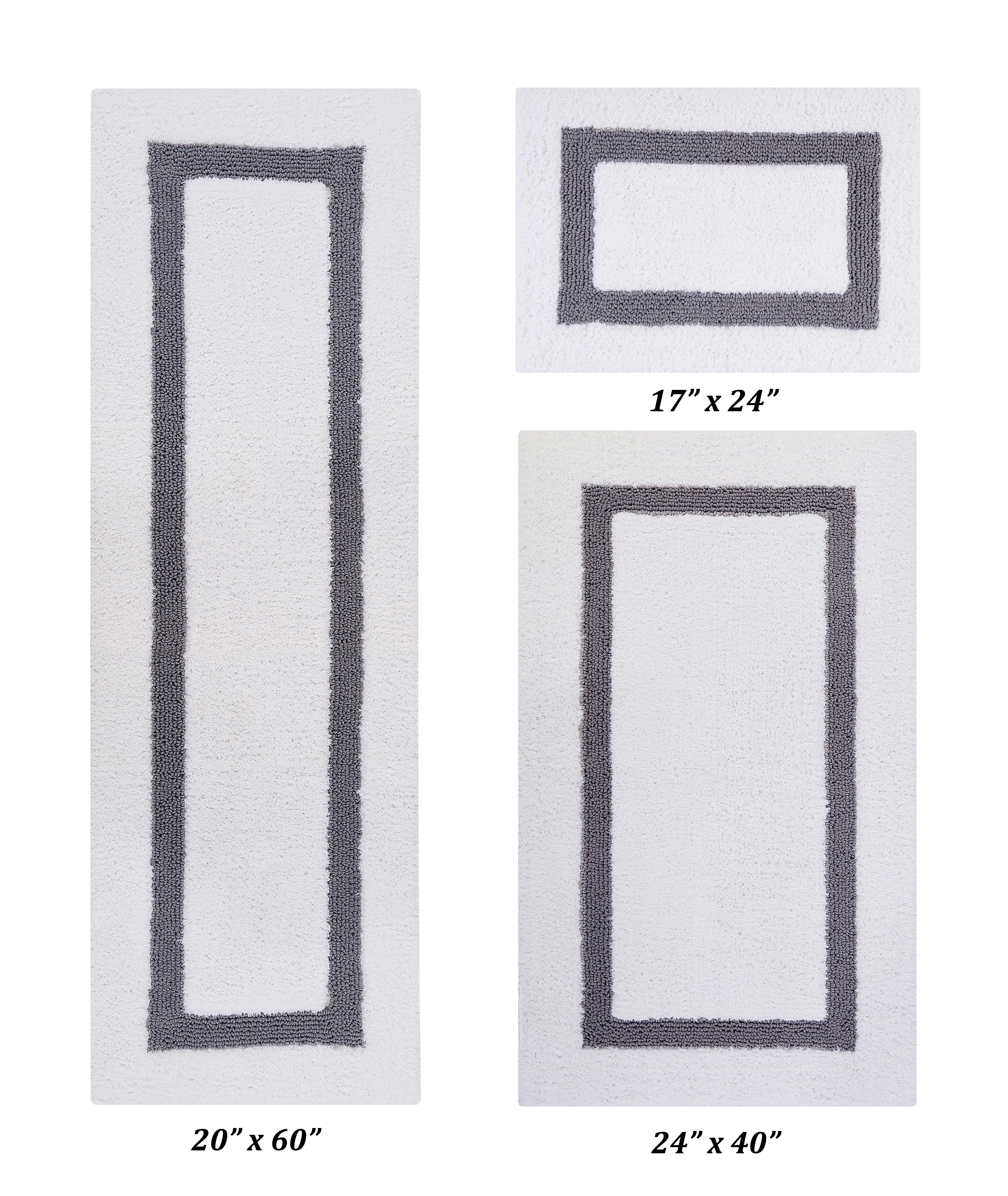 Better Trends 3 Piece Bath Rug Set 100% Cotton Tufted Bathroom Rug Water Absorbent, Reversible Machine Washable Runner Mat for Bathroom Floor Decor, Bathtub,Laundry Room Hotel Collection - White/Gray