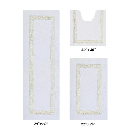 Better Trends 3 Piece Bathroom Mat Set 100% Cotton Bath Rug Soft, Water Absorbent, Reversible, Machine Washable for Bathroom Decor Toilet Base Contour And Runner Mat Hotel Collection - White/Ivory
