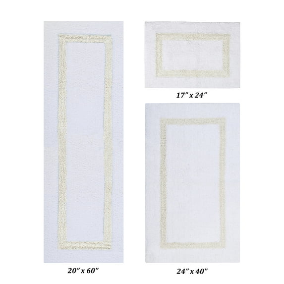 Better Trends 3 Piece Bath Rug Set 100% Cotton Tufted Bathroom Rug Water Absorbent, Reversible Machine Washable Runner Mat for Bathroom Floor Decor Bathtub Laundry Room Hotel Collection - White/Ivory