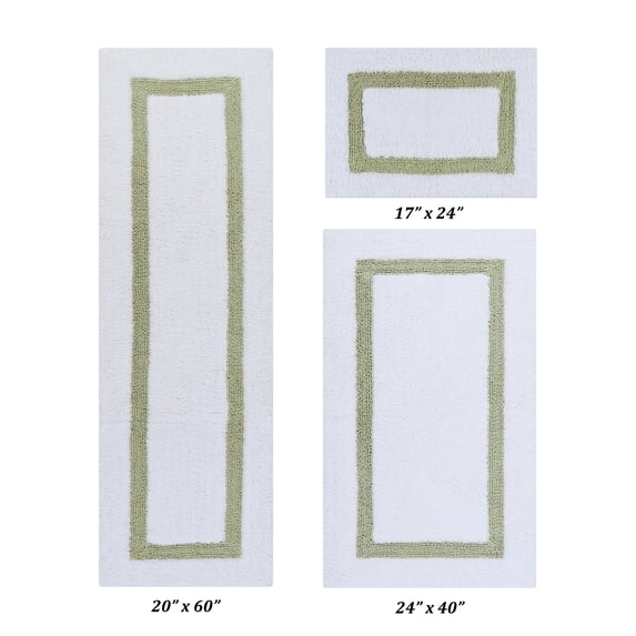 Better Trends 3 Piece Bath Rug Set 100% Cotton Tufted Bathroom Rug Water Absorbent, Reversible Machine Washable Runner Mat for Bathroom Floor Decor, Bathtub,Laundry Room Hotel Collection - White/Sage