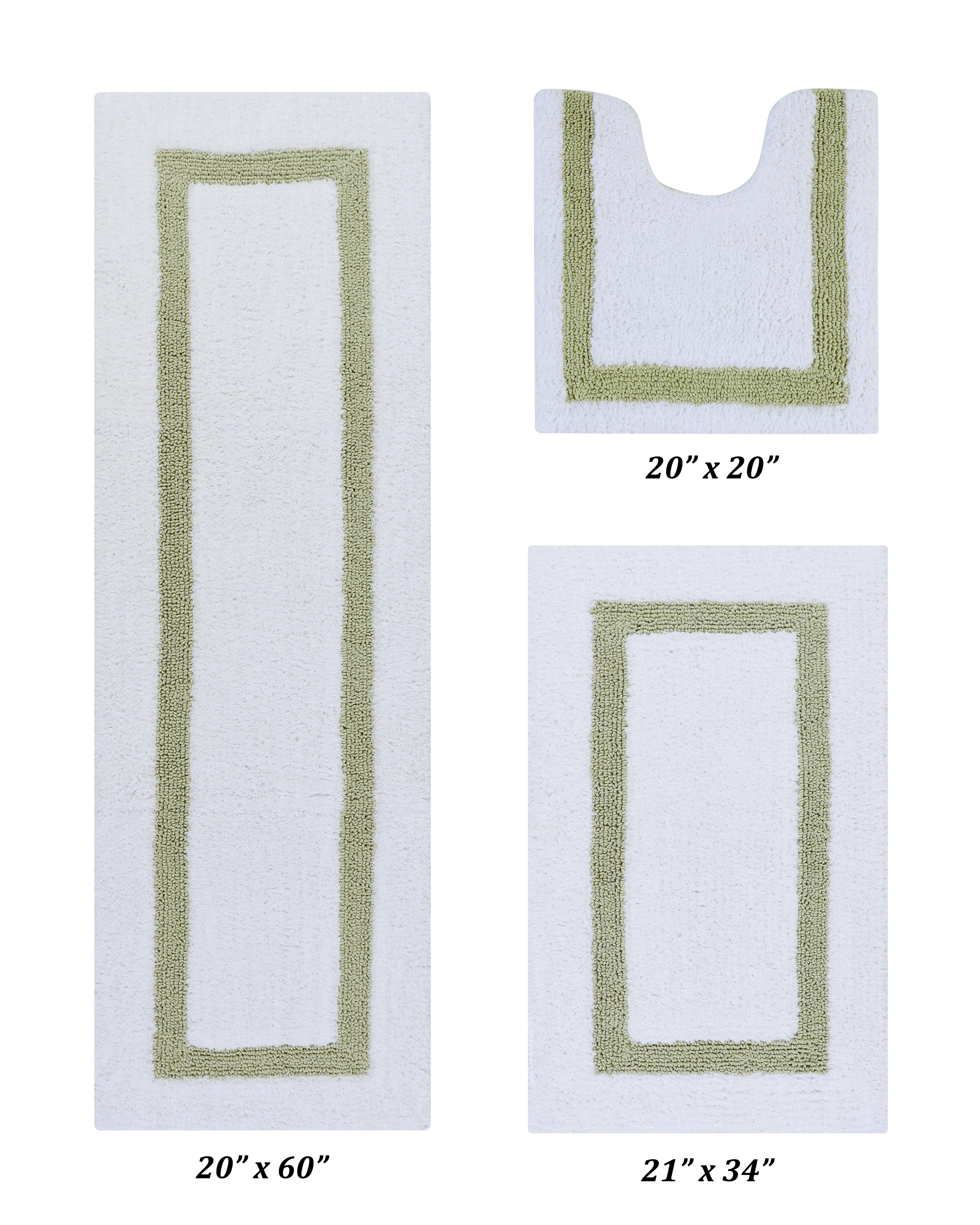 Better Trends 3 Piece Bathroom Mat Set 100% Cotton Bath Rug Soft, Water Absorbent, Reversible, Machine Washable for Bathroom Decor Toilet Base Contour And Runner Mat Hotel Collection - White/Sage