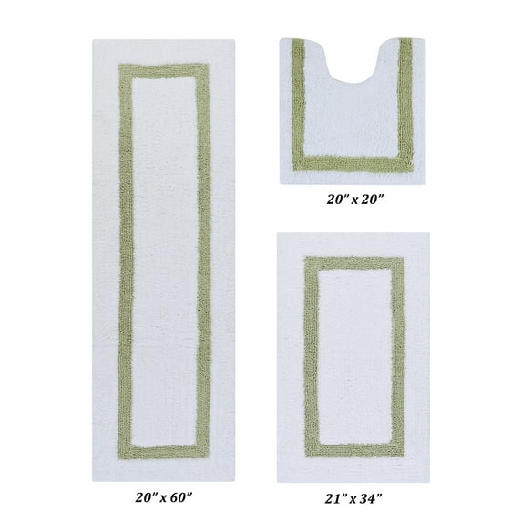 Better Trends 3 Piece Bathroom Mat Set 100% Cotton Bath Rug Soft, Water Absorbent, Reversible, Machine Washable for Bathroom Decor Toilet Base Contour And Runner Mat Hotel Collection - White/Sage