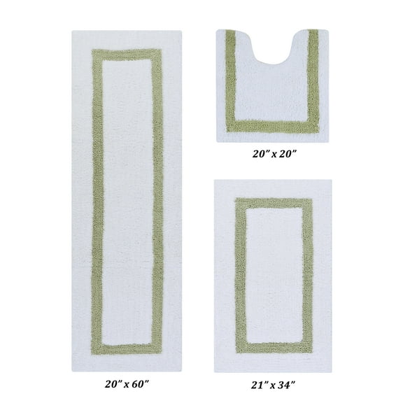 Better Trends 3 Piece Bathroom Mat Set 100% Cotton Bath Rug Soft, Water Absorbent, Reversible, Machine Washable for Bathroom Decor Toilet Base Contour And Runner Mat Hotel Collection - White/Sage