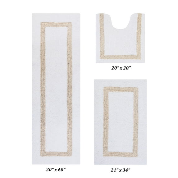 Better Trends 3 Piece Bathroom Mat Set 100% Cotton Bath Rug Soft, Water Absorbent, Reversible, Machine Washable for Bathroom Decor Toilet Base Contour And Runner Mat Hotel Collection - White/Sand