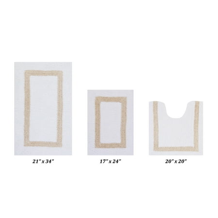 Better Trends 3 Piece Bathroom Rugs Set 100% Cotton Soft Bath Mat Water Absorbent, Reversible, Machine Washable for Home, Bathroom Decor Toilet Base Contour Mat, Hotel Collection - White/Sand