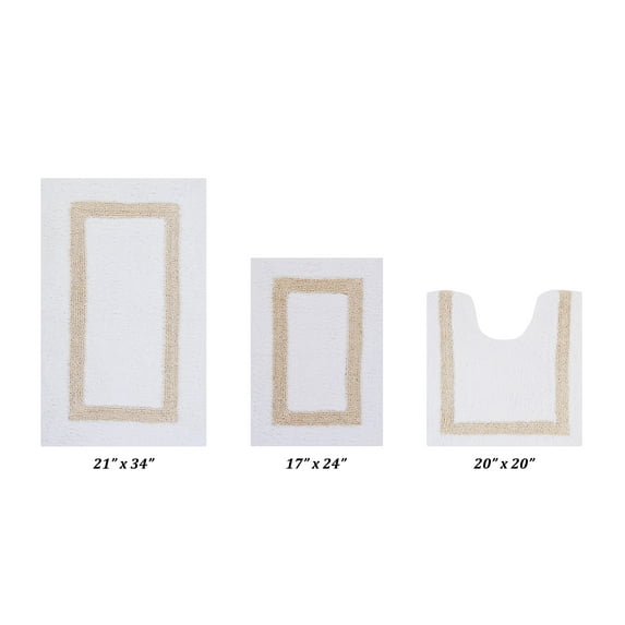 Better Trends 3 Piece Bathroom Rugs Set 100% Cotton Soft Bath Mat Water Absorbent, Reversible, Machine Washable for Home, Bathroom Decor Toilet Base Contour Mat, Hotel Collection - White/Sand
