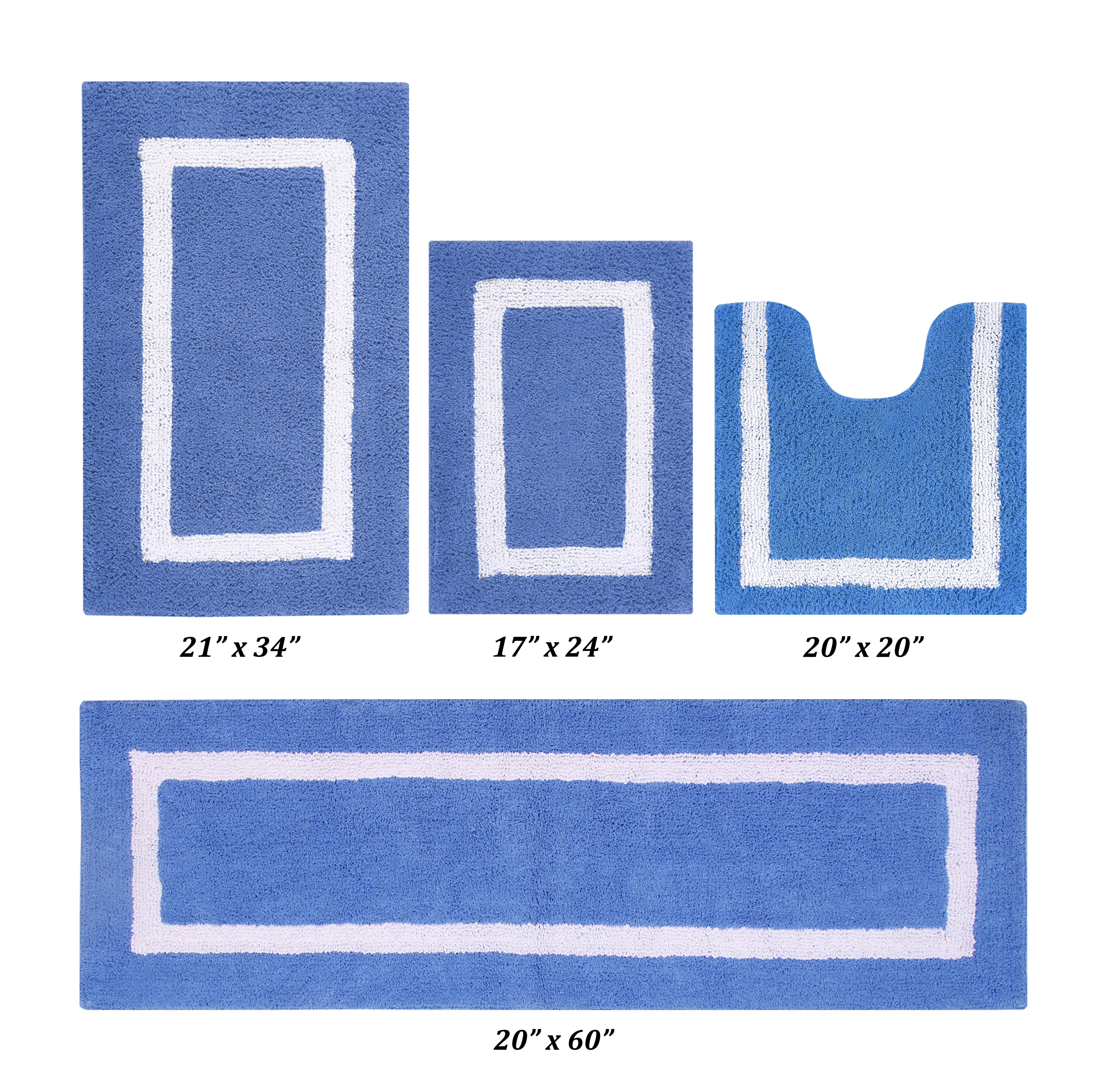 Better Trends 4 Piece Bathroom Rugs Set 100% Cotton Soft Bath Mat Water Absorbent, Reversible, Machine Washable, Bathroom Decor Toilet Base Contour Mat, Hotel Multi Collection - Dark Blue/White