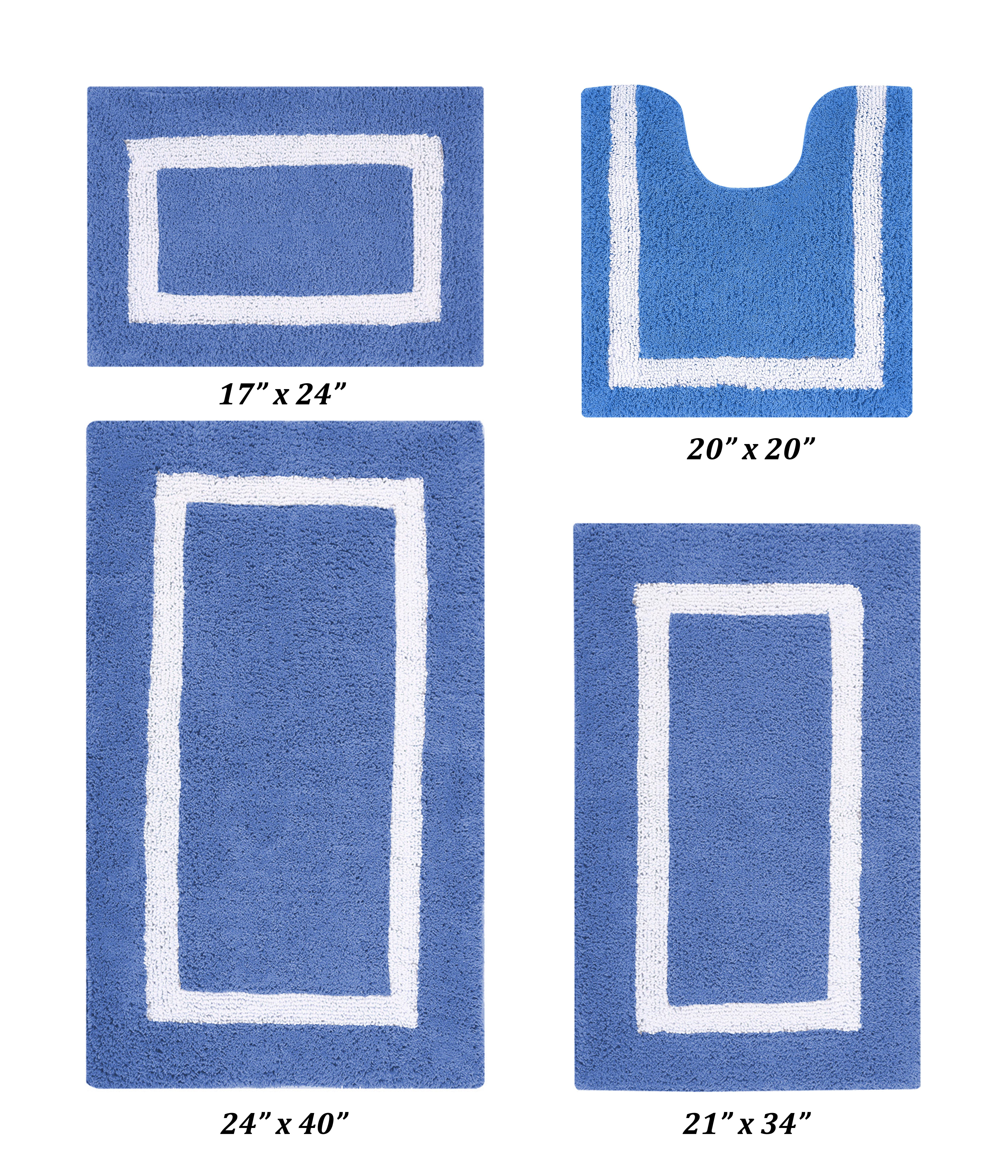 Better Trends 4 Piece Bathroom Rugs Set 100% Cotton Soft Bath Mat Water Absorbent, Reversible, Machine Washable, Bathroom Decor Toilet Base Contour Mat, Hotel Multi Collection - Dark Blue/White