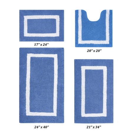 Better Trends 4 Piece Bathroom Rugs Set 100% Cotton Soft Bath Mat Water Absorbent, Reversible, Machine Washable, Bathroom Decor Toilet Base Contour Mat, Hotel Multi Collection - Dark Blue/White