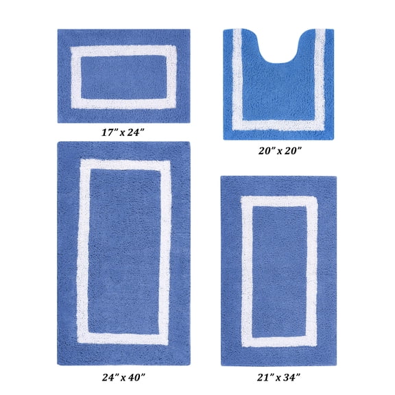 Better Trends 4 Piece Bathroom Rugs Set 100% Cotton Soft Bath Mat Water Absorbent, Reversible, Machine Washable, Bathroom Decor Toilet Base Contour Mat, Hotel Multi Collection - Dark Blue/White