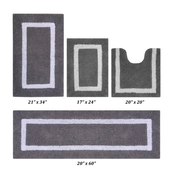 Better Trends 4 Piece Bathroom Rugs Set 100% Cotton Soft Bath Mat Water Absorbent, Reversible, Machine Washable for Home, Bathroom Decor Toilet Base Contour Mat, Hotel Multi Collection - Gray/White