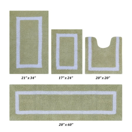 Better Trends 4 Piece Bathroom Rugs Set 100% Cotton Soft Bath Mat Water Absorbent, Reversible, Machine Washable for Home, Bathroom Decor Toilet Base Contour Mat, Hotel Multi Collection - Sage/White