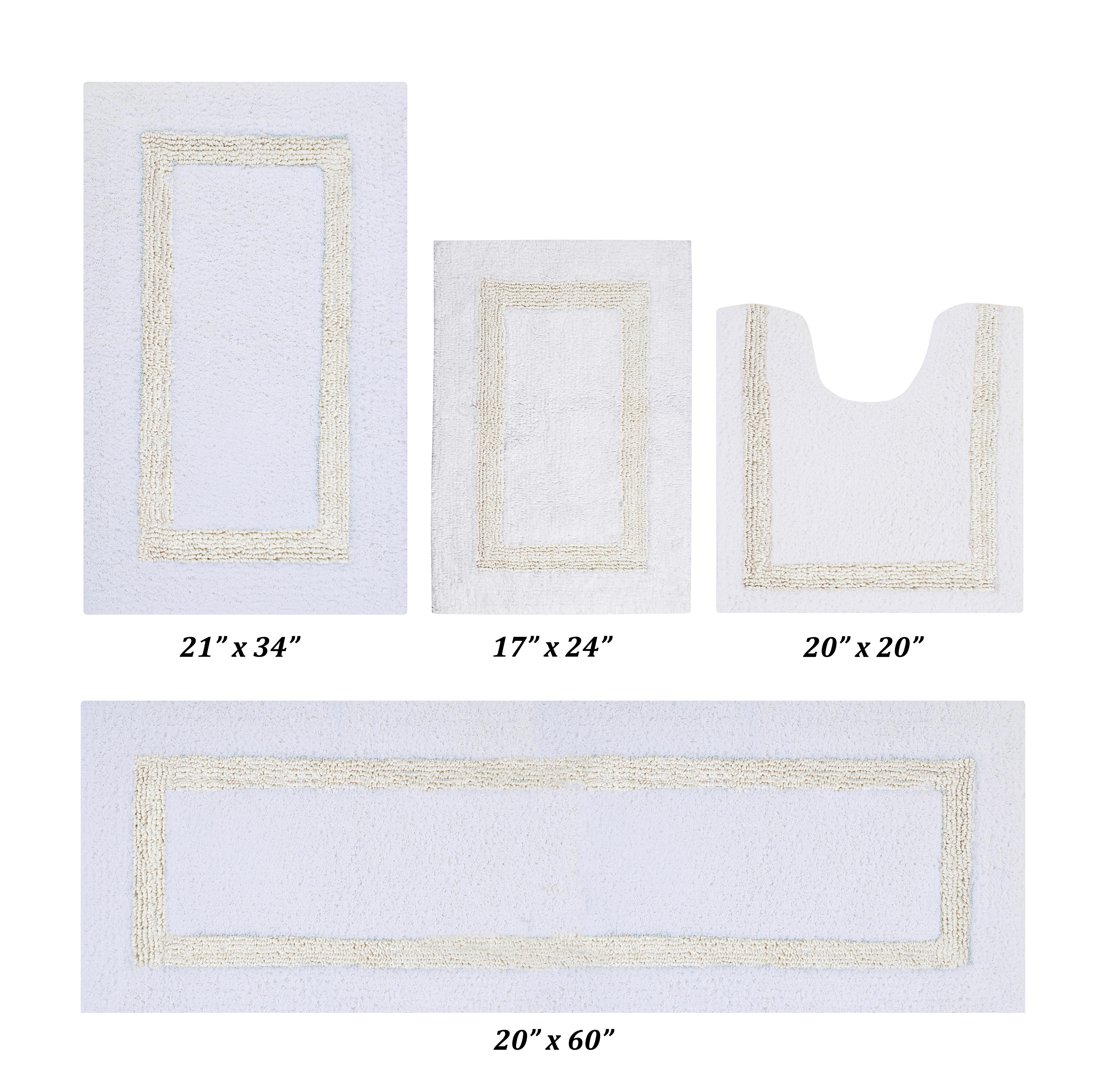Better Trends 4 Piece Bathroom Rugs Set 100% Cotton Bath Rug Soft, Water Absorbent, Reversible, Machine Washable for Bathroom Decor Toilet Base Contour And Runner Mat Hotel Collection - White/Ivory