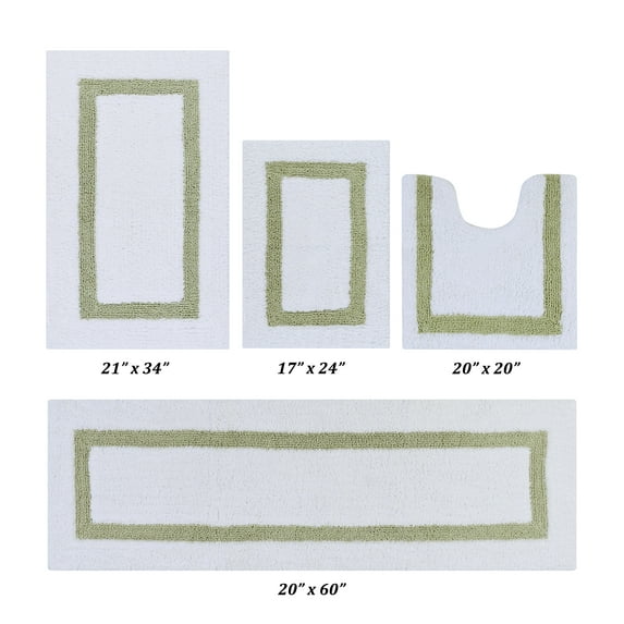 Better Trends 4 Piece Bathroom Rugs Set 100% Cotton Bath Rug Soft, Water Absorbent, Reversible, Machine Washable for Bathroom Decor Toilet Base Contour And Runner Mat Hotel Collection - White/Sage