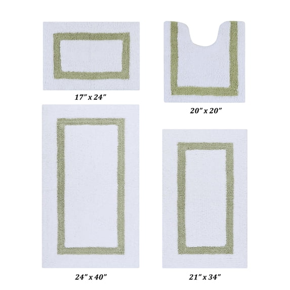 Better Trends 4 Piece Bath Rugs Set 100% Cotton Bathroom Rug Soft, Water Absorbent, Reversible, Machine Washable for Bathroom Decor Toilet Base Contour And Bath Mat Hotel Collection - White/Sage