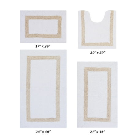 Better Trends 4 Piece Bath Rugs Set 100% Cotton Bathroom Rug Soft, Water Absorbent, Reversible, Machine Washable for Bathroom Decor Toilet Base Contour And Bath Mat Hotel Collection - White/Sand