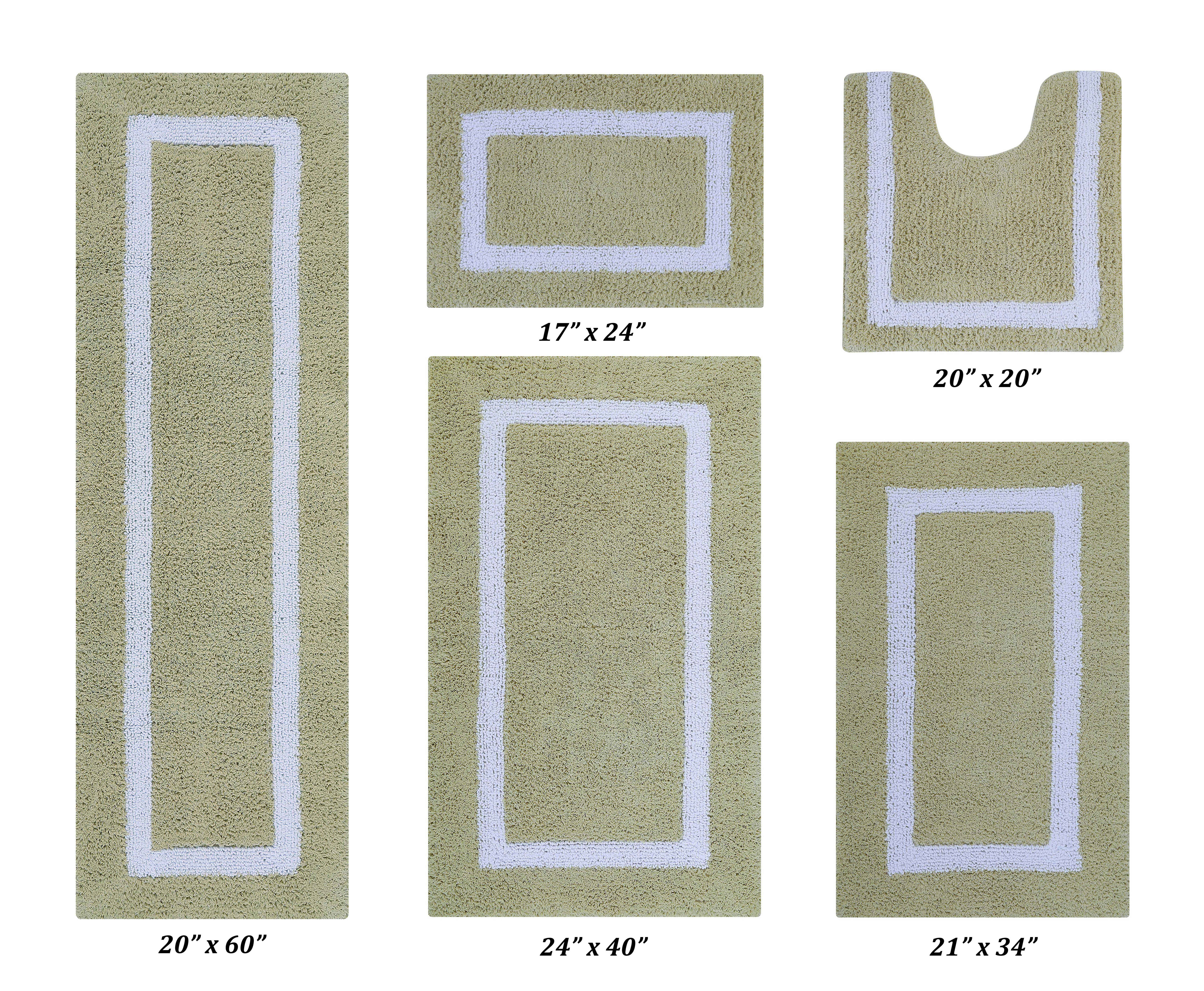 Better Trends 5 Piece Bathroom Rugs Set 100% Cotton Soft Bath Mat Water Absorbent, Reversible, Machine Washable for Home, Bathroom Decor Toilet Base Contour Mat, Hotel Multi Collection - Sage/White