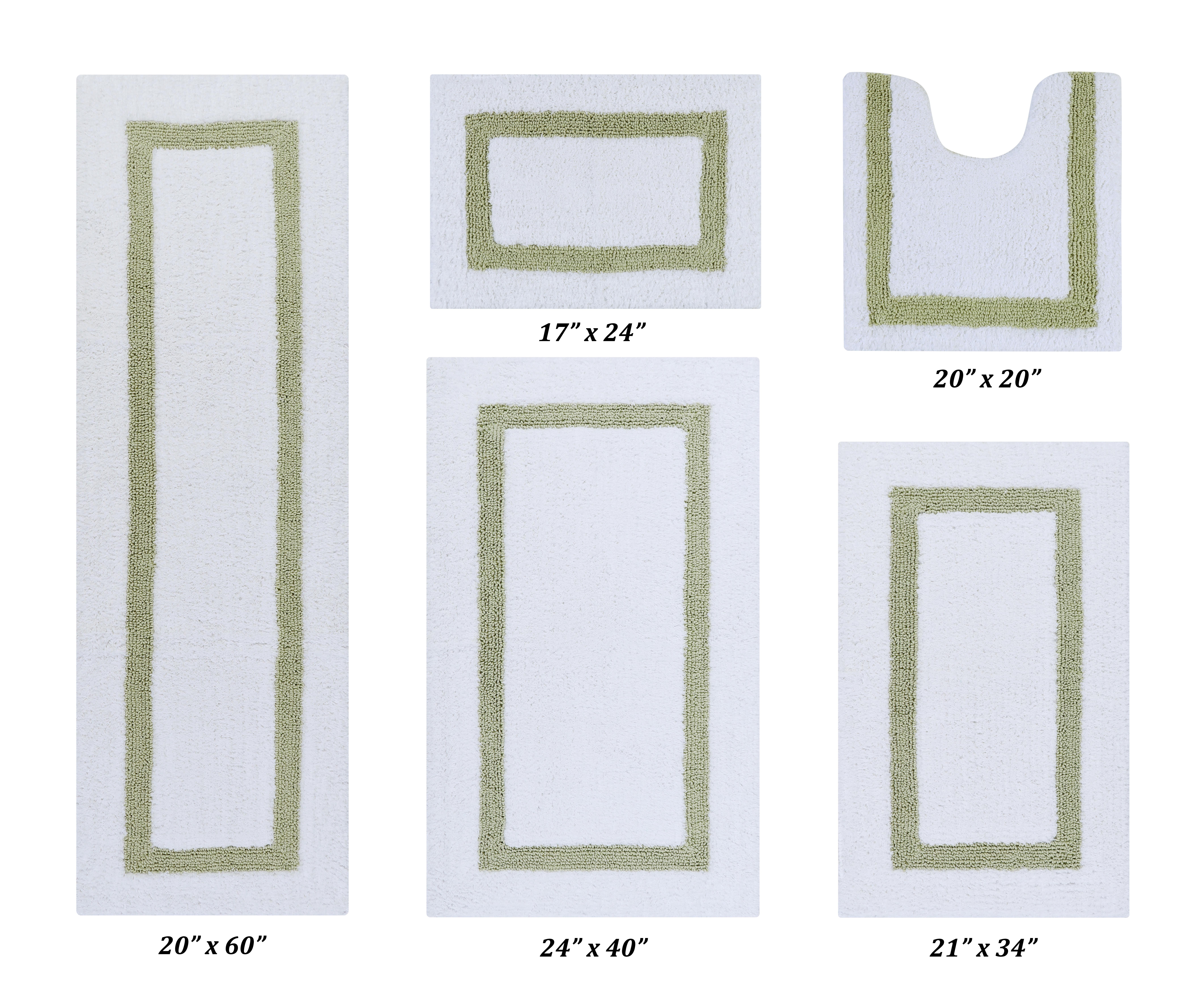 Better Trends 5 Piece Bathroom Rugs Set 100% Cotton Bath Rug Soft, Water Absorbent, Reversible, Machine Washable for Bathroom Decor Toilet Base Contour, Runner Mat Hotel Collection - White/Sage