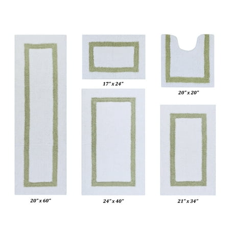 Better Trends 5 Piece Bathroom Rugs Set 100% Cotton Bath Rug Soft, Water Absorbent, Reversible, Machine Washable for Bathroom Decor Toilet Base Contour, Runner Mat Hotel Collection - White/Sage